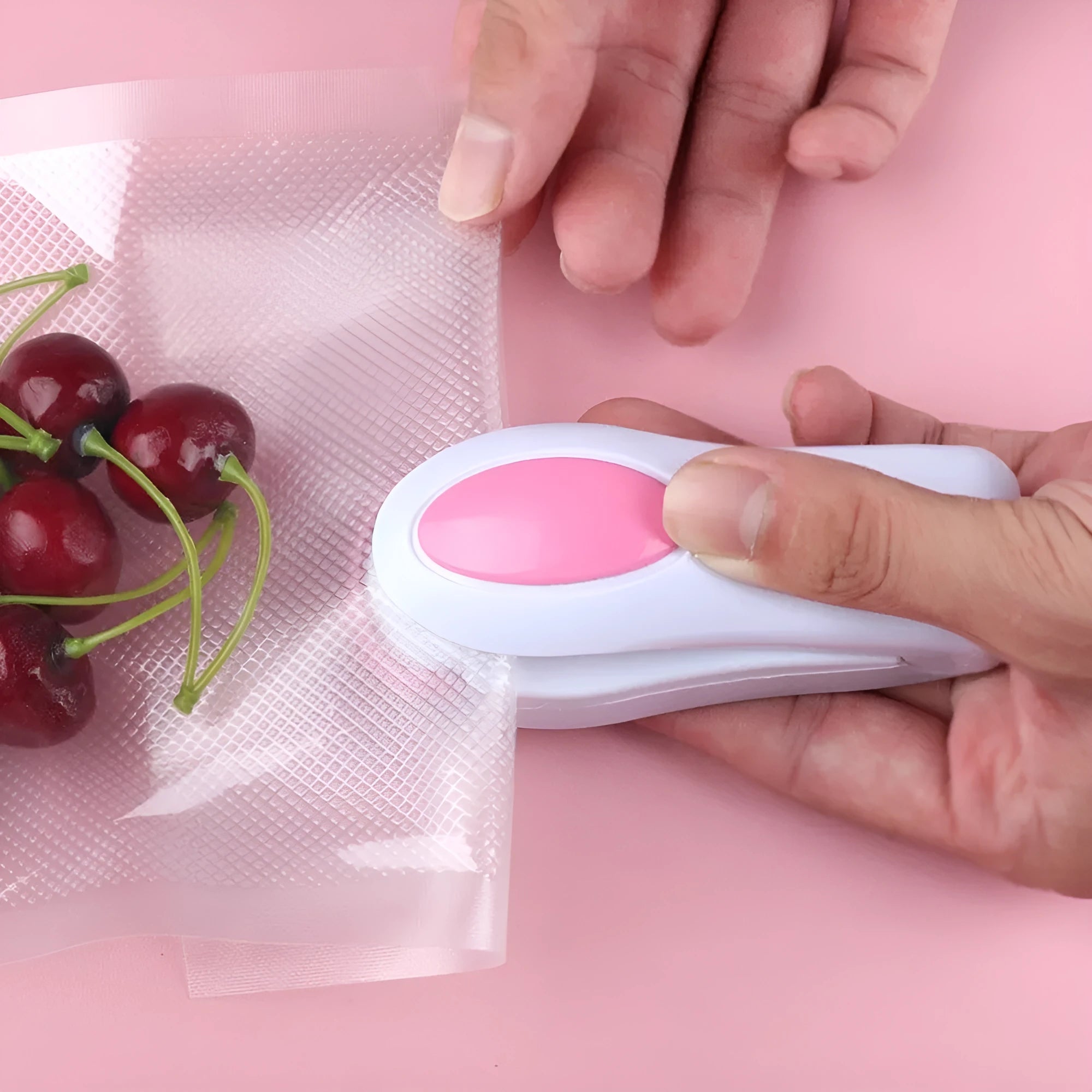 Mini hand pressure heat sealing machine in blue on white background, 10cm long ABS and metal body