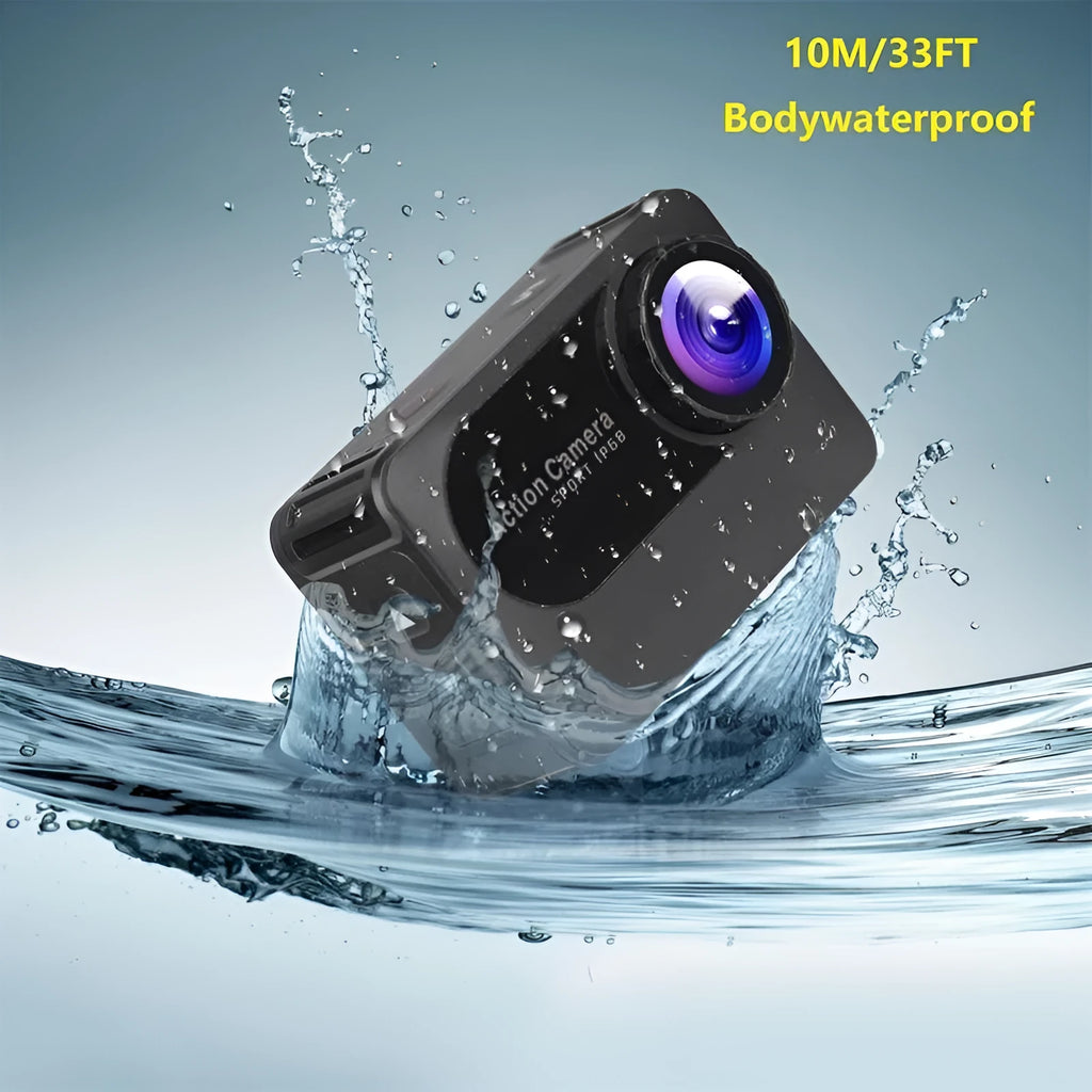 Black outdoor action camera with wide-angle lens, showing compact size and touch screen.