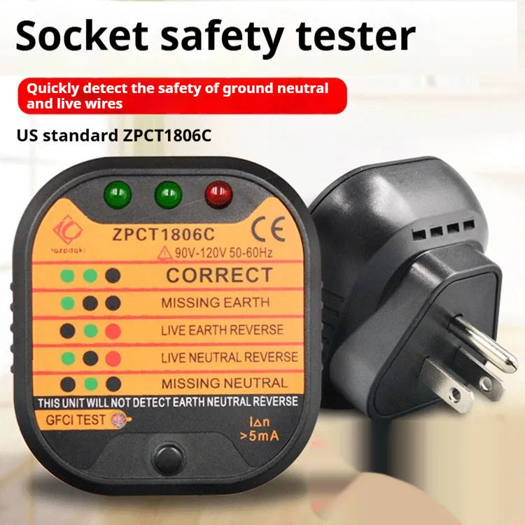 Black socket tester with three prongs and LED indicators for UK EU US wiring fault detection