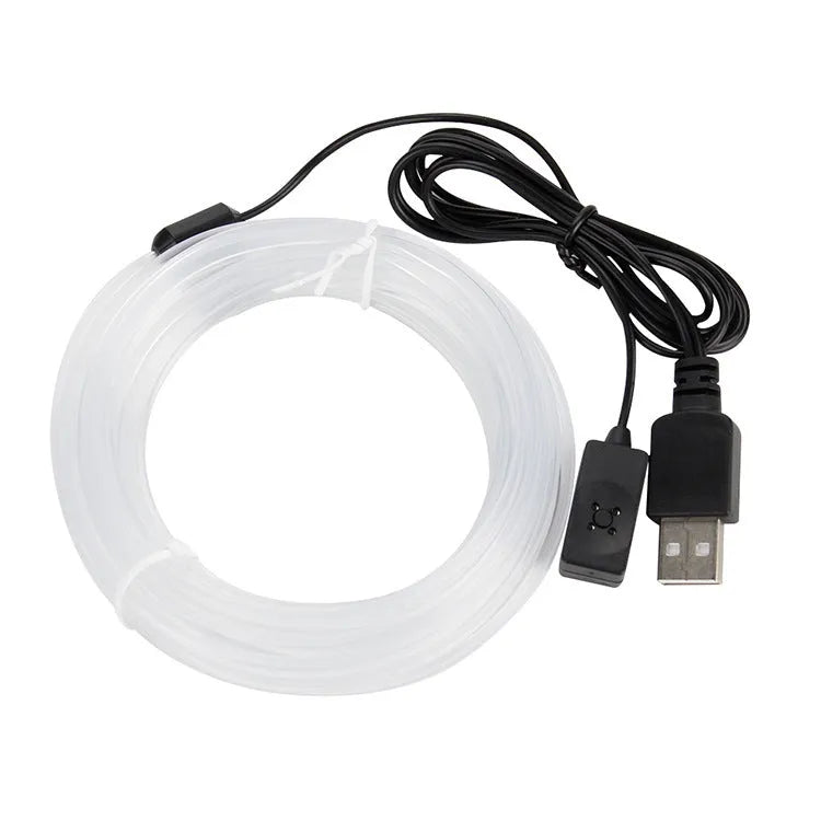 Colourful EL ambience light strip for car interior with USB connector, shown in various lengths.