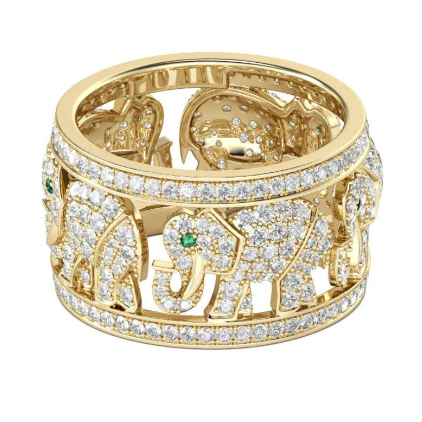 Alloy elephant ring with diamond detailing in gold or silver colour on finger