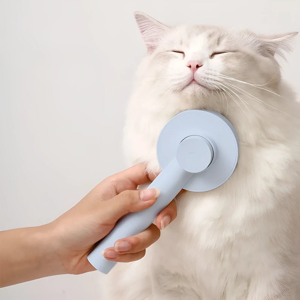 Self-cleaning pet comb with round handle and stainless steel sticky bead teeth in blue