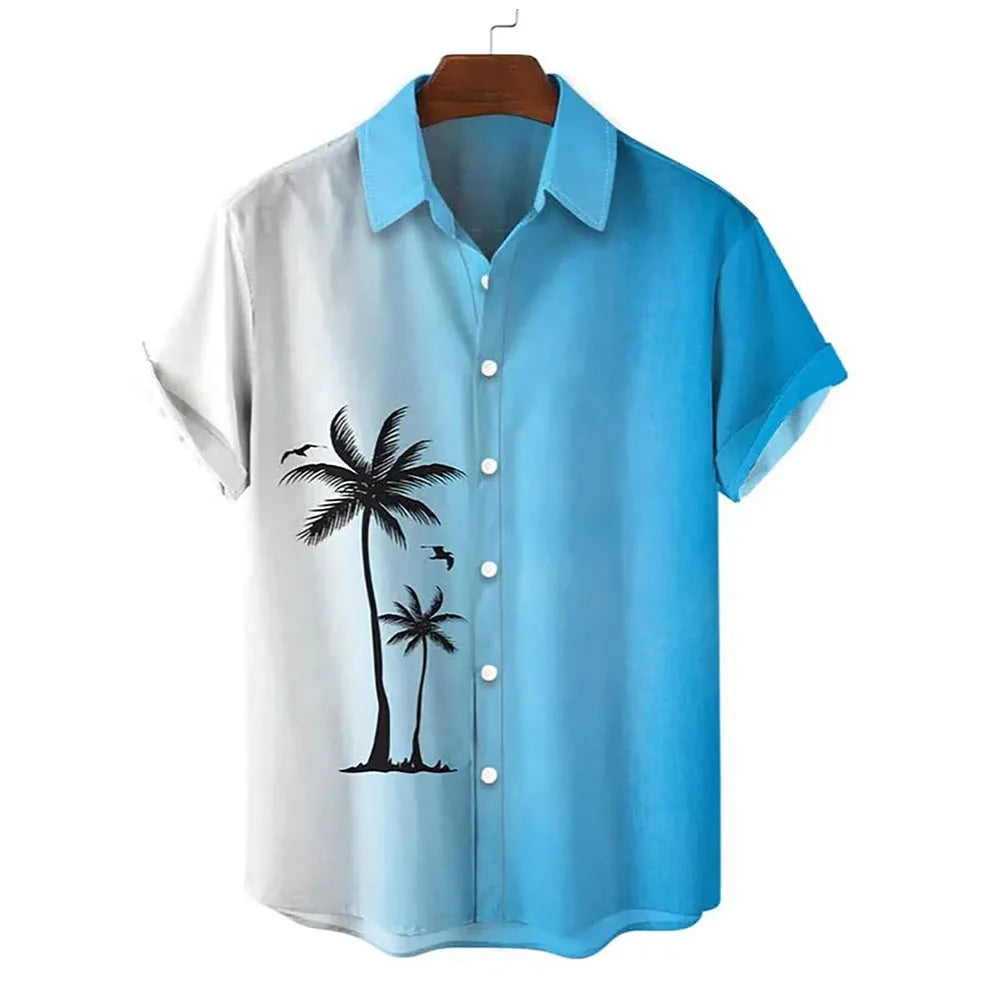Hawaiian men's short-sleeved shirt with 3D printed colour pattern on polyester fabric