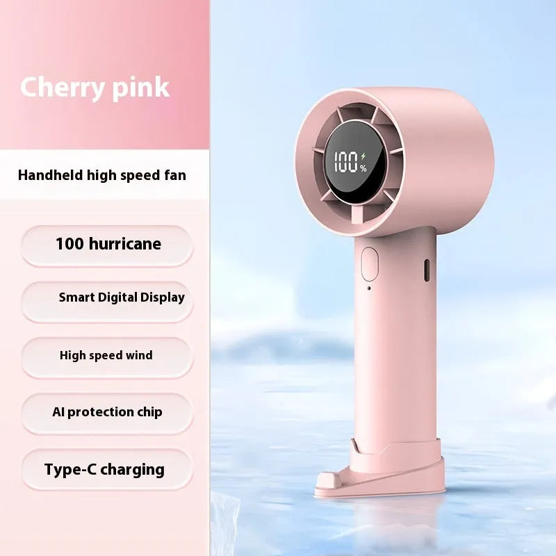 Handheld digital display fan in khaki with six speed modes and USB port