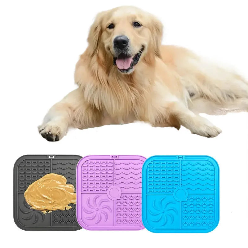 Bottom suction cup non-slip silicone pet slow food mat in gray, shown with a pet bowl on a tiled floor