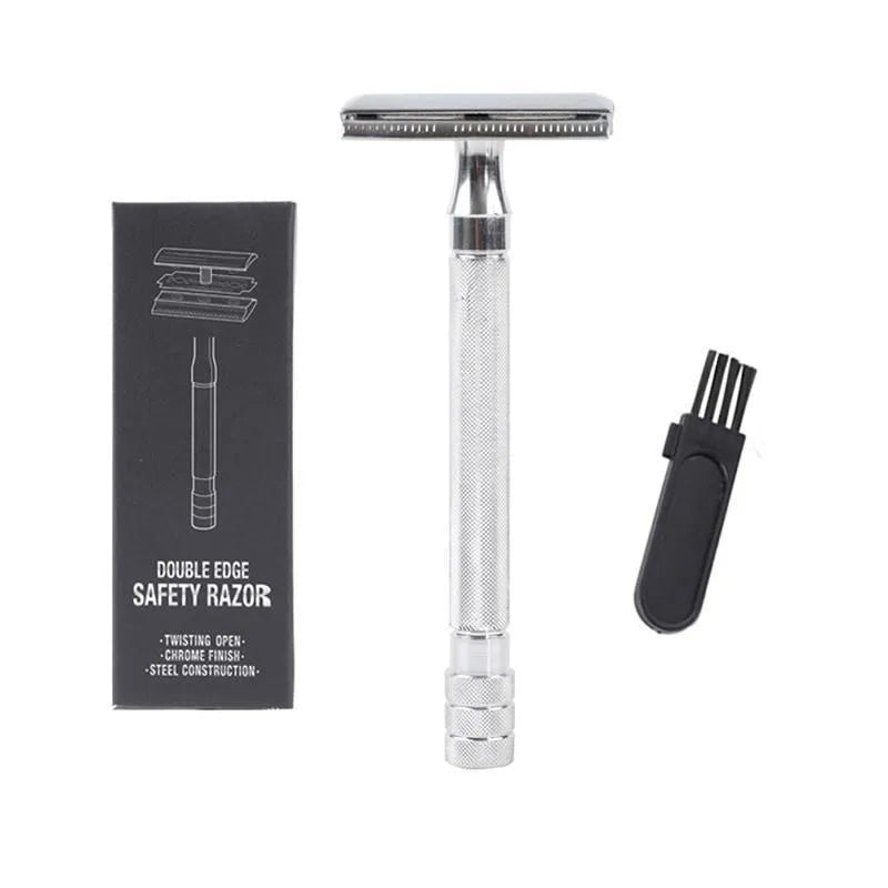Traditional manual shaving razor with brush combination set in black or silver finish