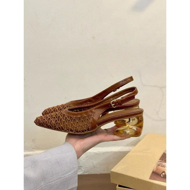Women's square toe slingback sandals with woven front in apricot colour