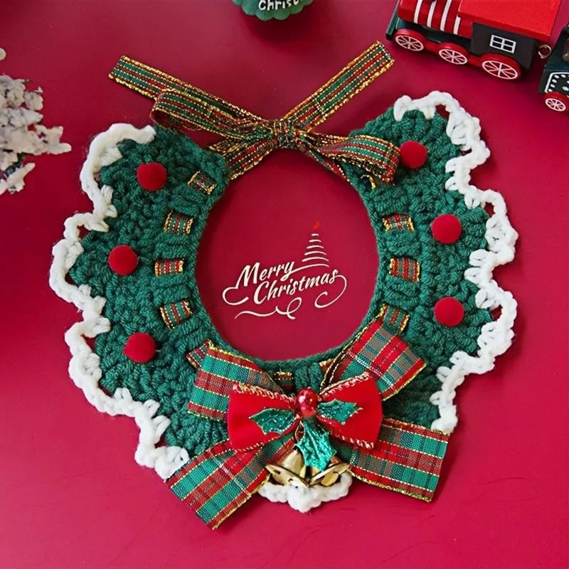 Adjustable Christmas knit pet collar with crochet Elk pattern, soft yarn, sizes L and M for cats and dogs