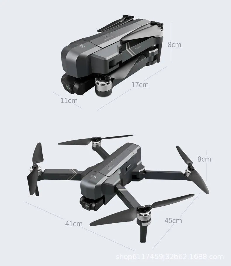 Black F11s PRO GPS folding drone with 4K camera and two-axis gimbal shown in expanded and folded positions