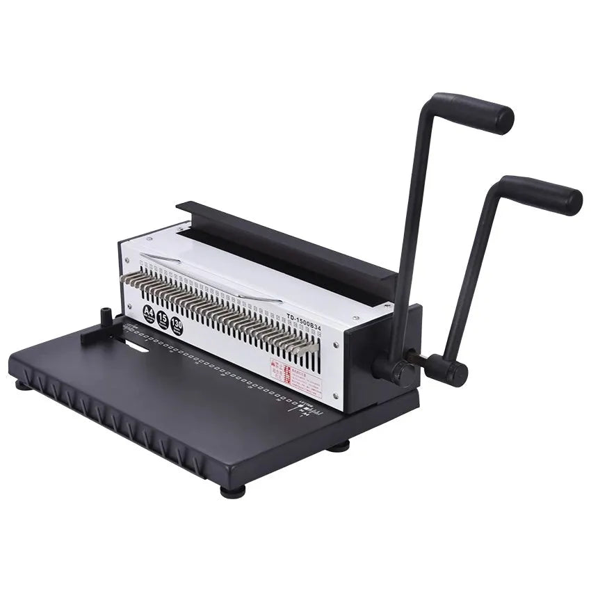 Leisheng 34-hole black manual iron ring binding machine on desk with paper