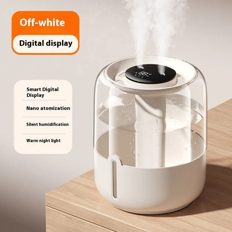 Beige round humidifier with display, dual spray nozzles, and USB port