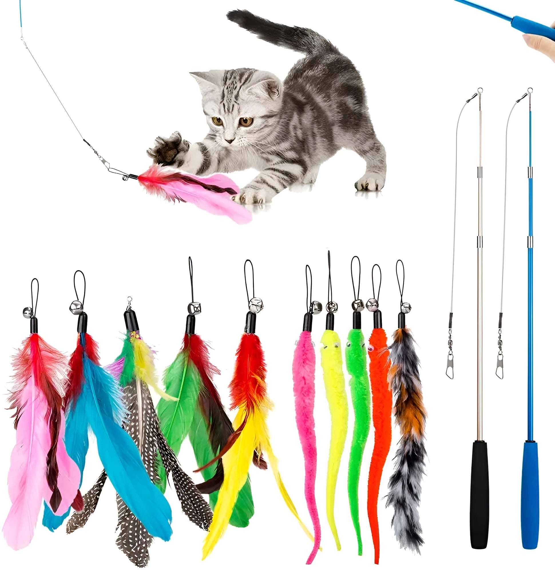 Cat teasing fishing rod toy with feather heads and replacement attachments