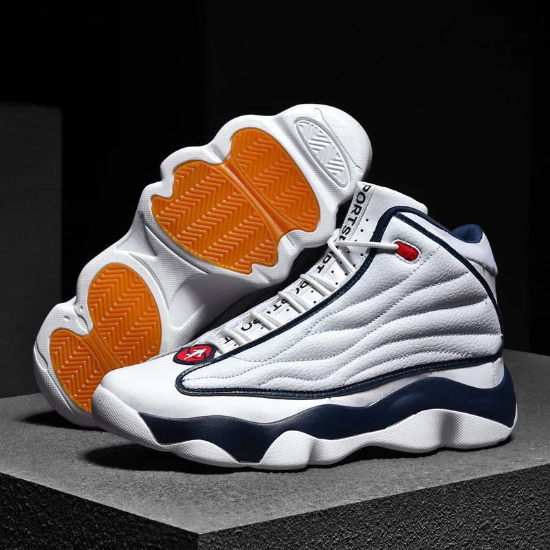 High-top basketball shoes in AJ13 colours with mesh upper and thick rubber sole on a white background