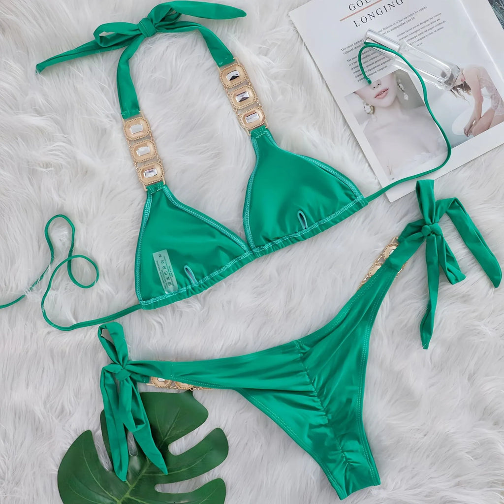 Women's crystal diamond bikini set in nylon, two-piece split swimsuit, shown in one of ten colours and sizes S M L.