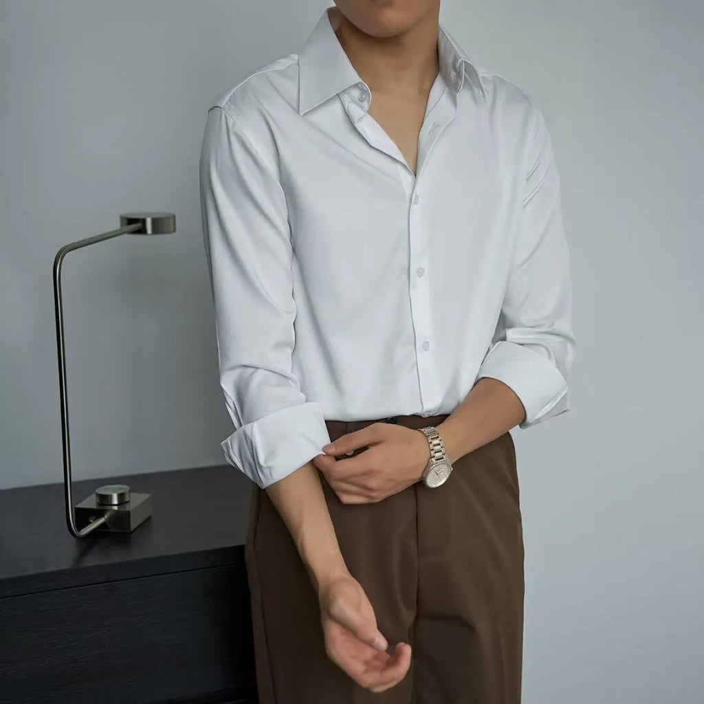 Men's slim long sleeve autumn shirt cardigan in Korean style with Japanese retro design, shown in black colour