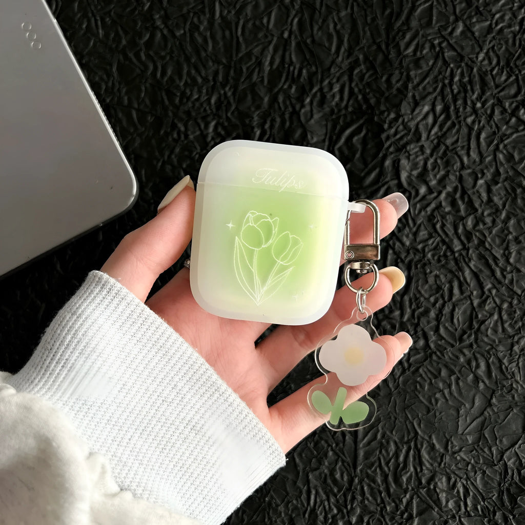 Transparent green tulip embossed TPU earphone cover for Apple AirPods case