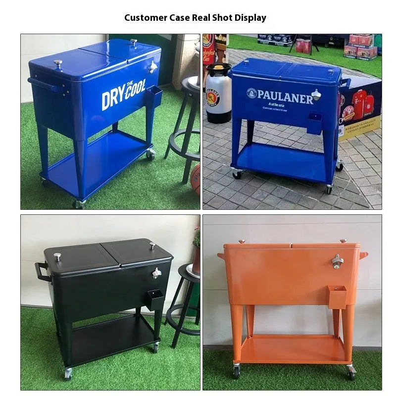 Red outdoor metal insulated catering trolley with 750ml capacity on grass