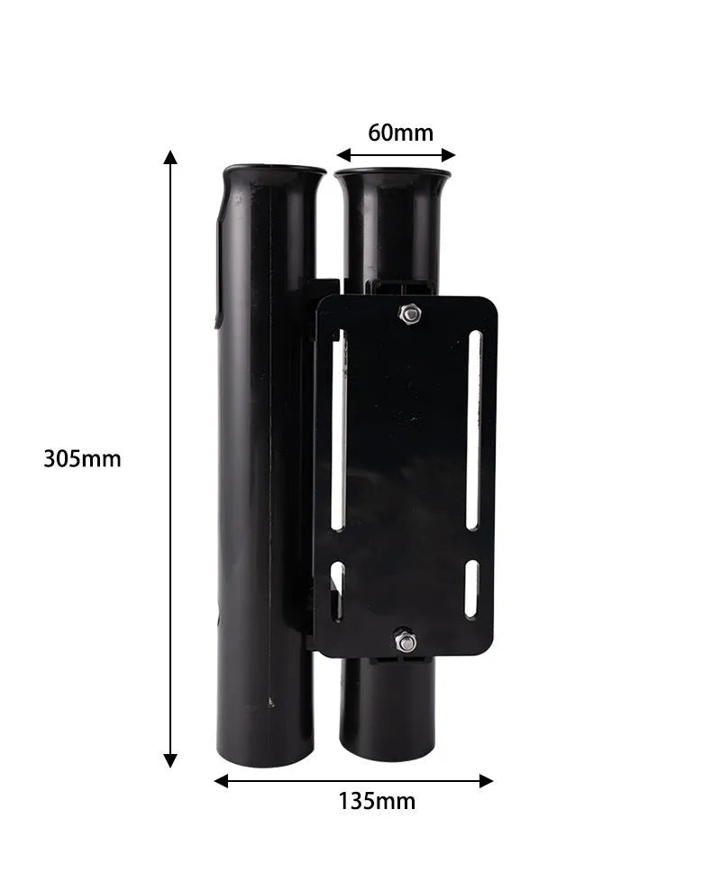 Black plastic fishing rod rack for bicycle and motorcycle mounting with clamp attachment