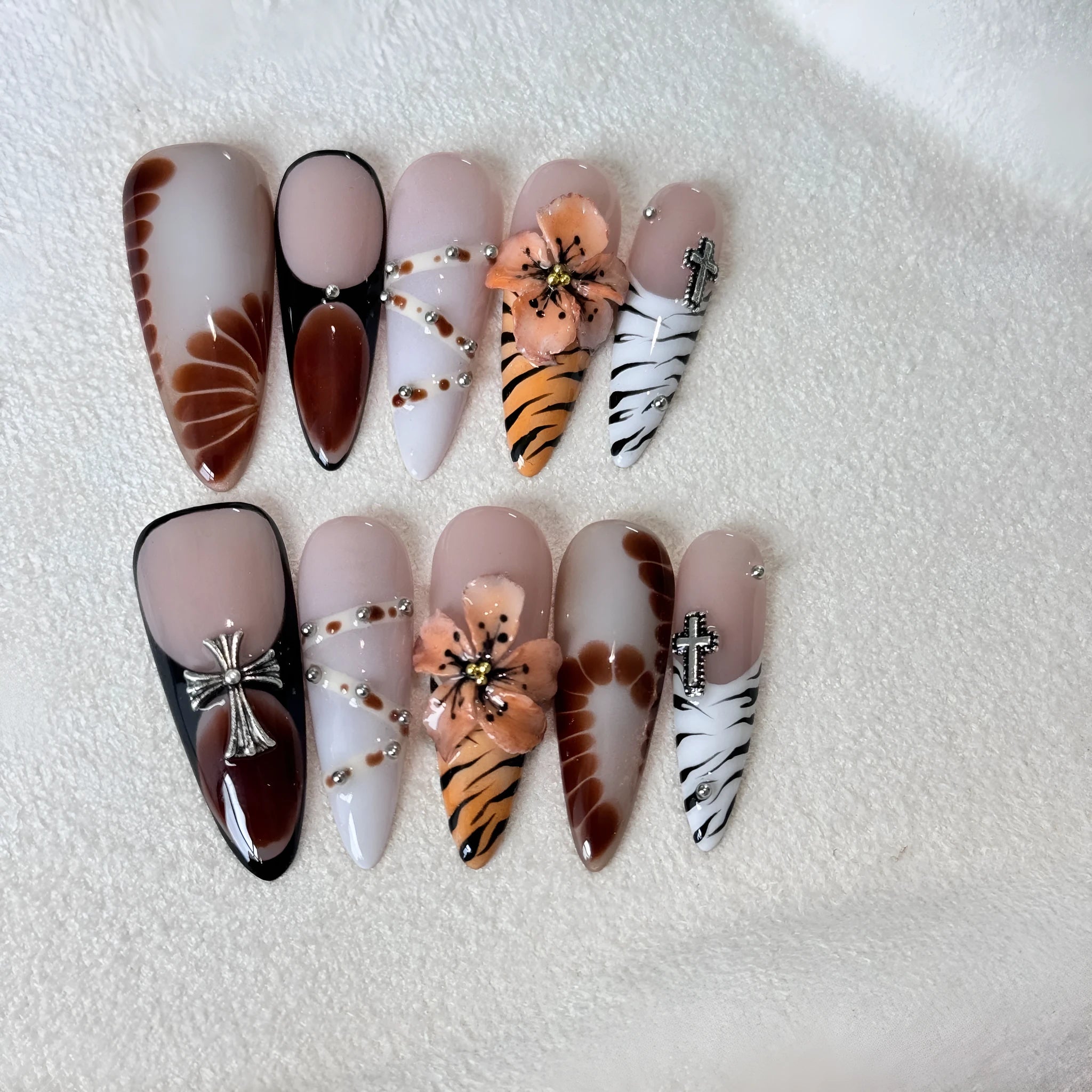 Handmade French style leopard print nail stickers with cross and flower designs in sizes XS S M L
