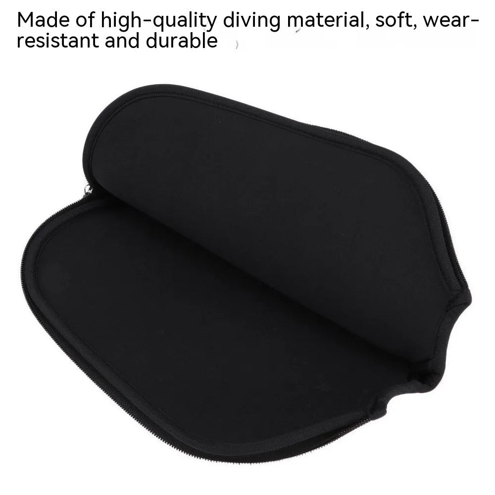 Black neoprene protective sleeve for a table tennis racket on a plain background.