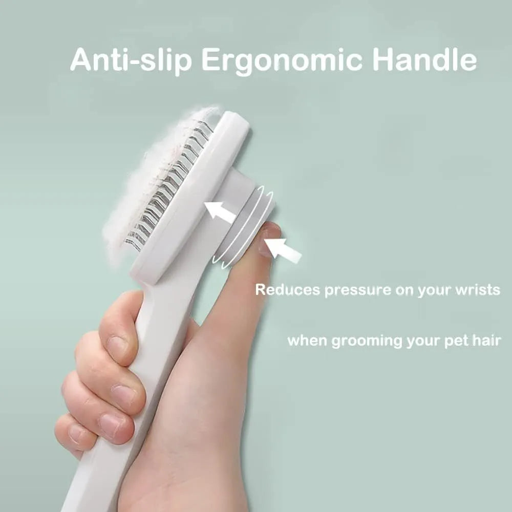 Self-cleaning pet brush with blue rubber handle and metal pins, shown with removed fur.
