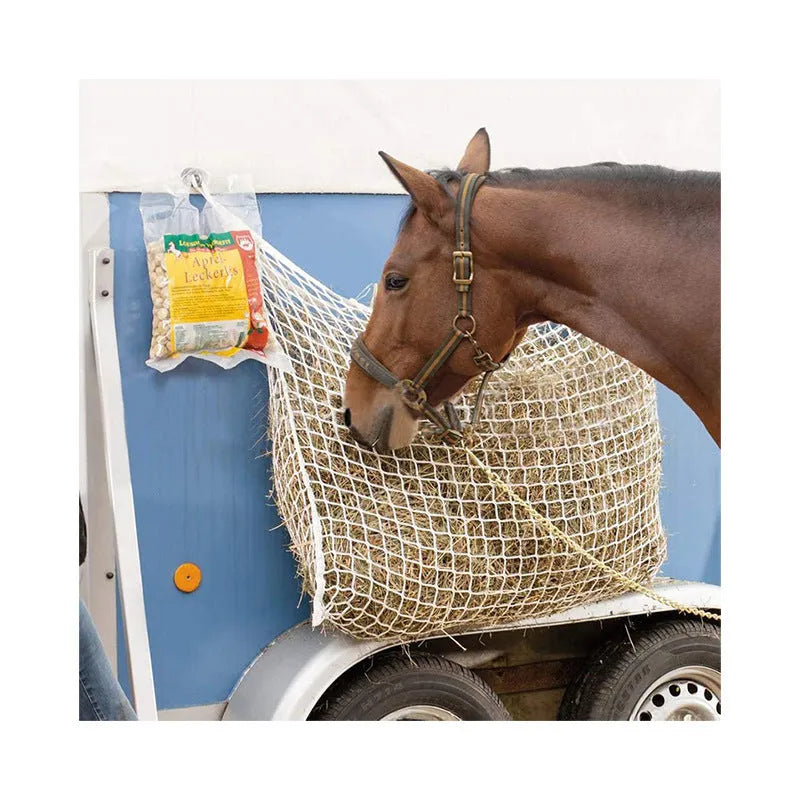 Woven PE rope horse feeding bag hanging with grid design in black colour