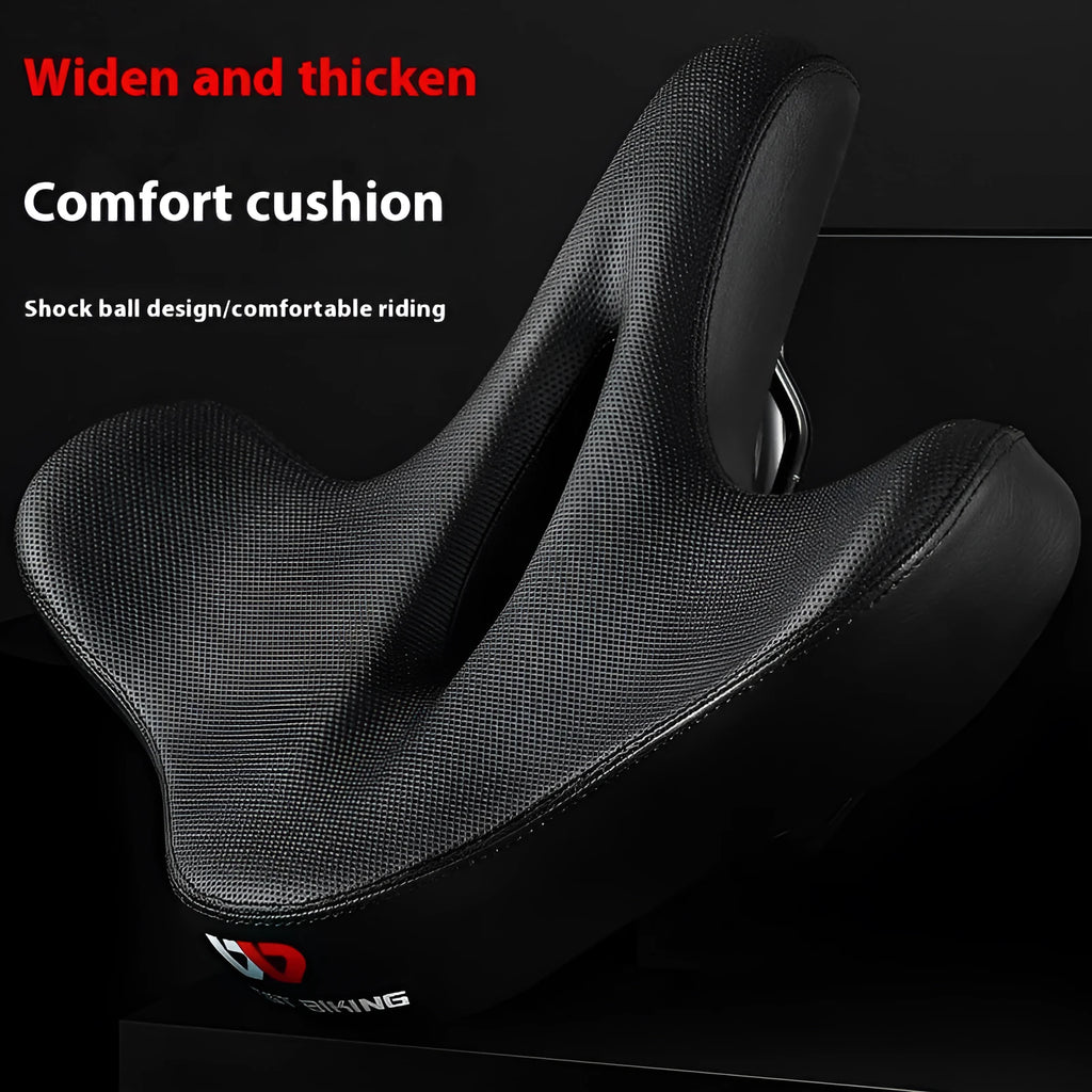Black leather bicycle seat cushion with polyurethane foam for shock absorption on a bike saddle.