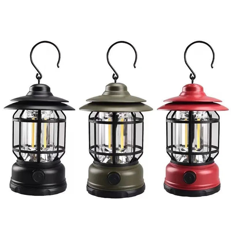 Portable head lamp camping lantern in dark green, black or red colours measuring 16.6 cm tall