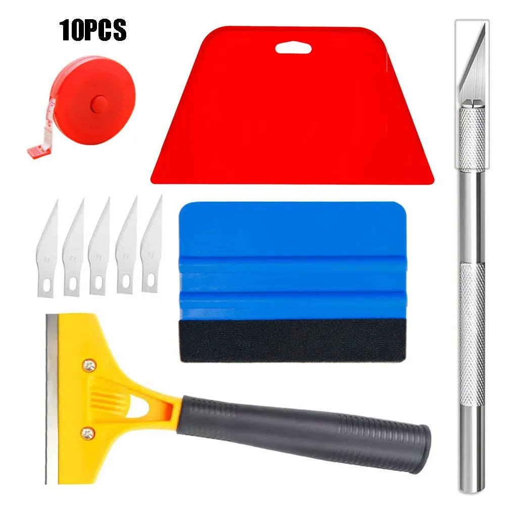 Plastic car film smoothing tool set with 10 pieces for automotive wrap and vinyl application.