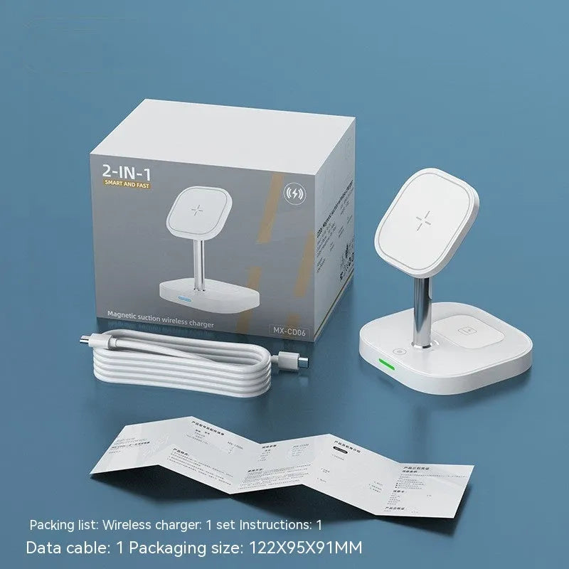 White magnetic wireless charger two-in-one stand with data cable on desk