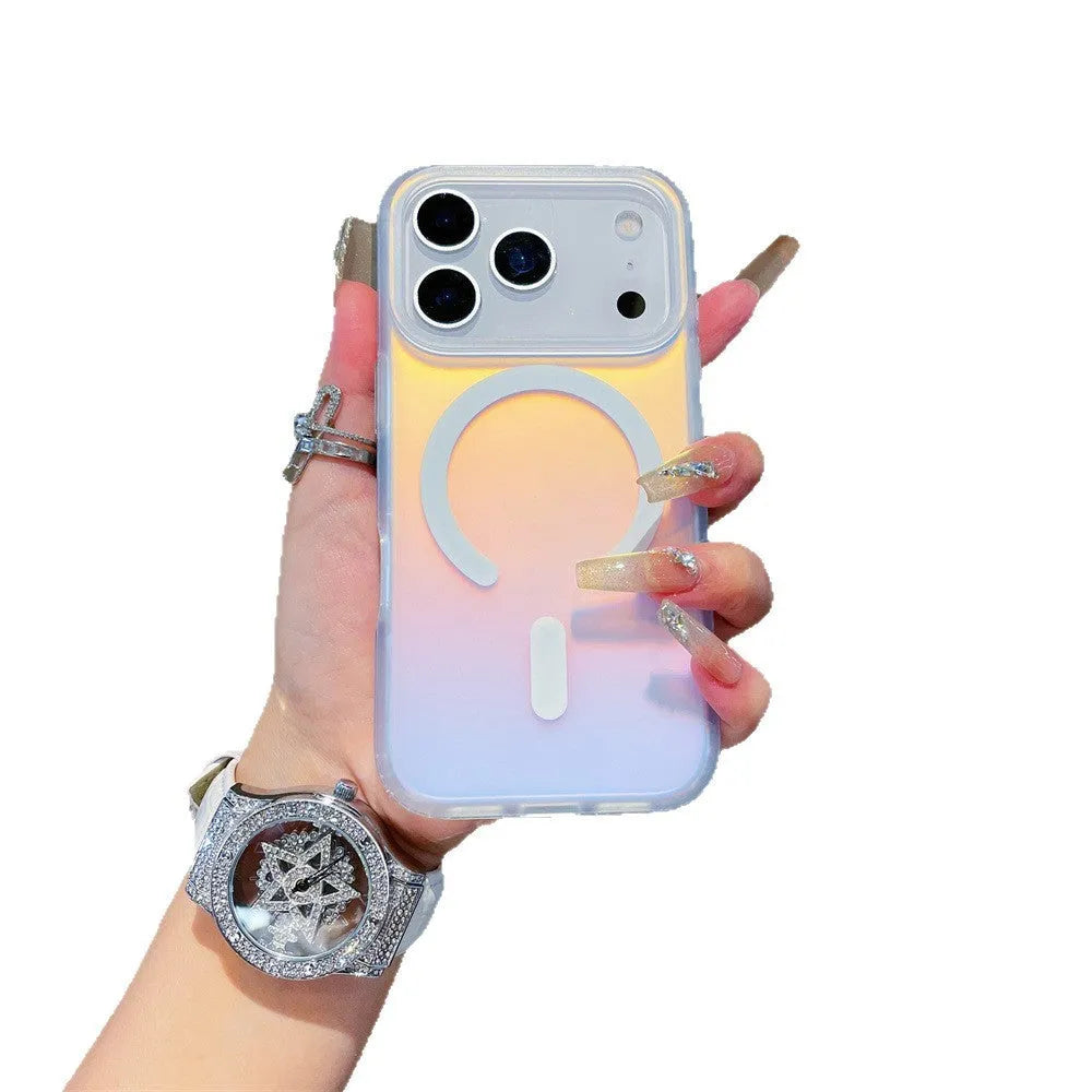 Laser gradient frosted magnetic phone case for iPhone 17 models on a table.