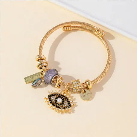 Multi-element stainless steel copper alloy beaded bracelet with diamond-shaped beads and bear charm, unisex design