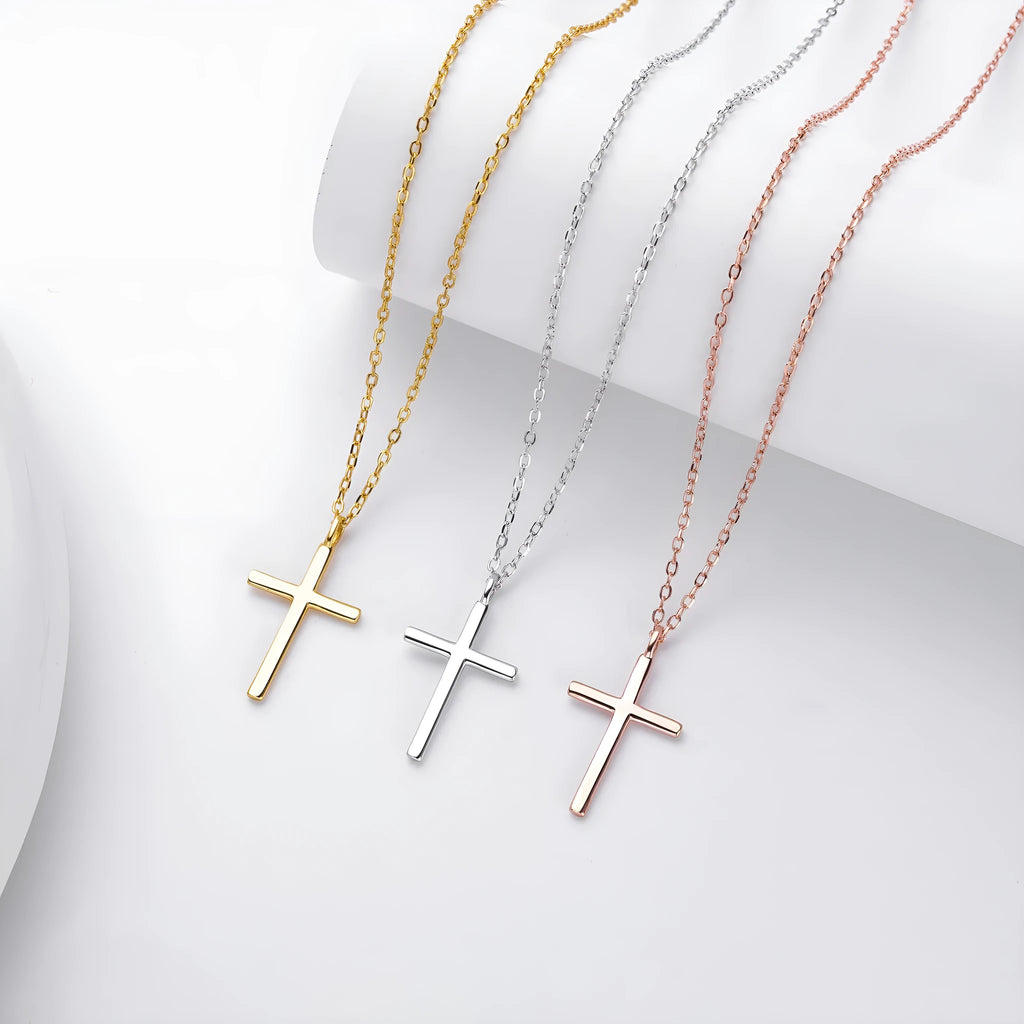 S925 sterling silver cross pendant necklace on an adjustable O-chain, shown in gold plated finish.