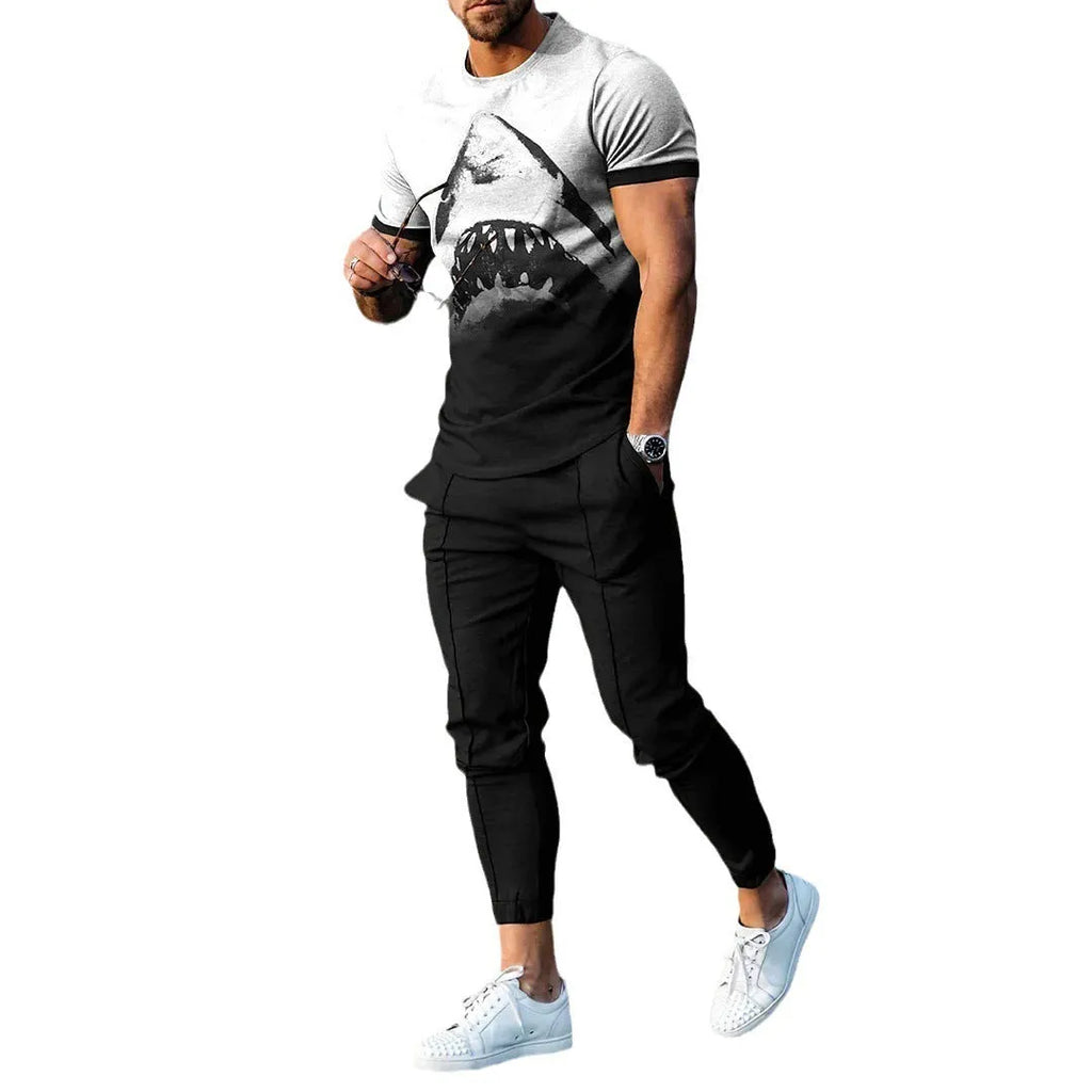 Man wearing a short-sleeved printed polyester tracksuit set for sports.