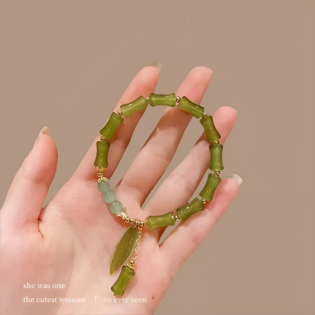 Chinese style bamboo leaf glass bracelet for women with manual craftsmanship.