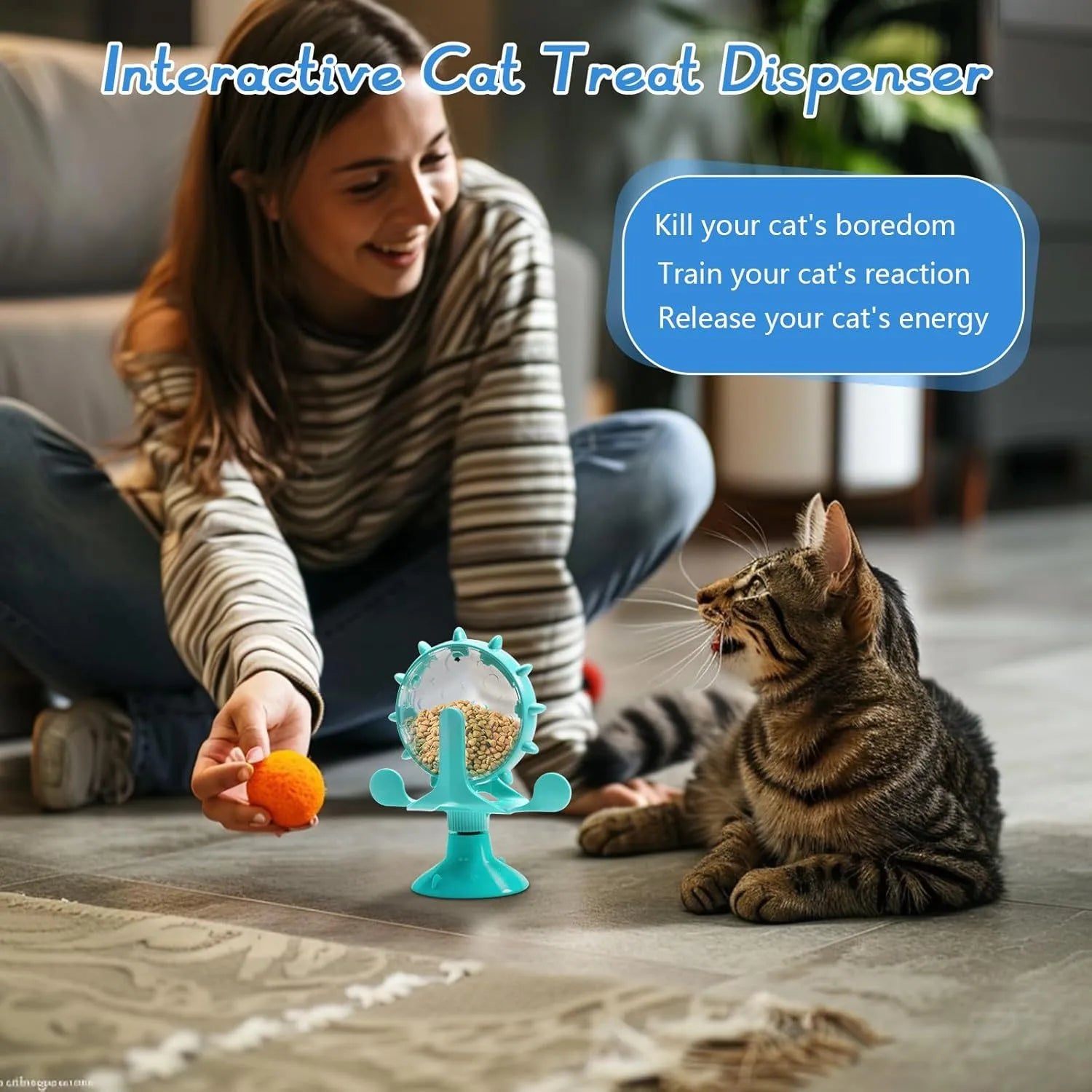 Blue interactive pet puzzle feeder toy with rotating spinner and suction cup base
