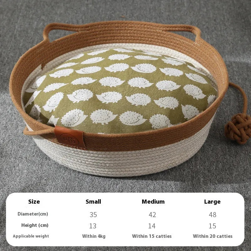 Woven cotton cat nest pet bed in brown, shown with a matching cushion inside.