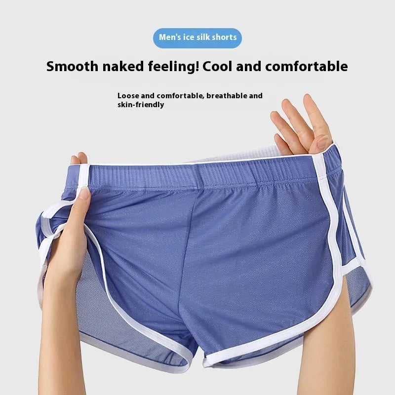 Men's ice silk mesh boxer shorts in various colours on a white background.