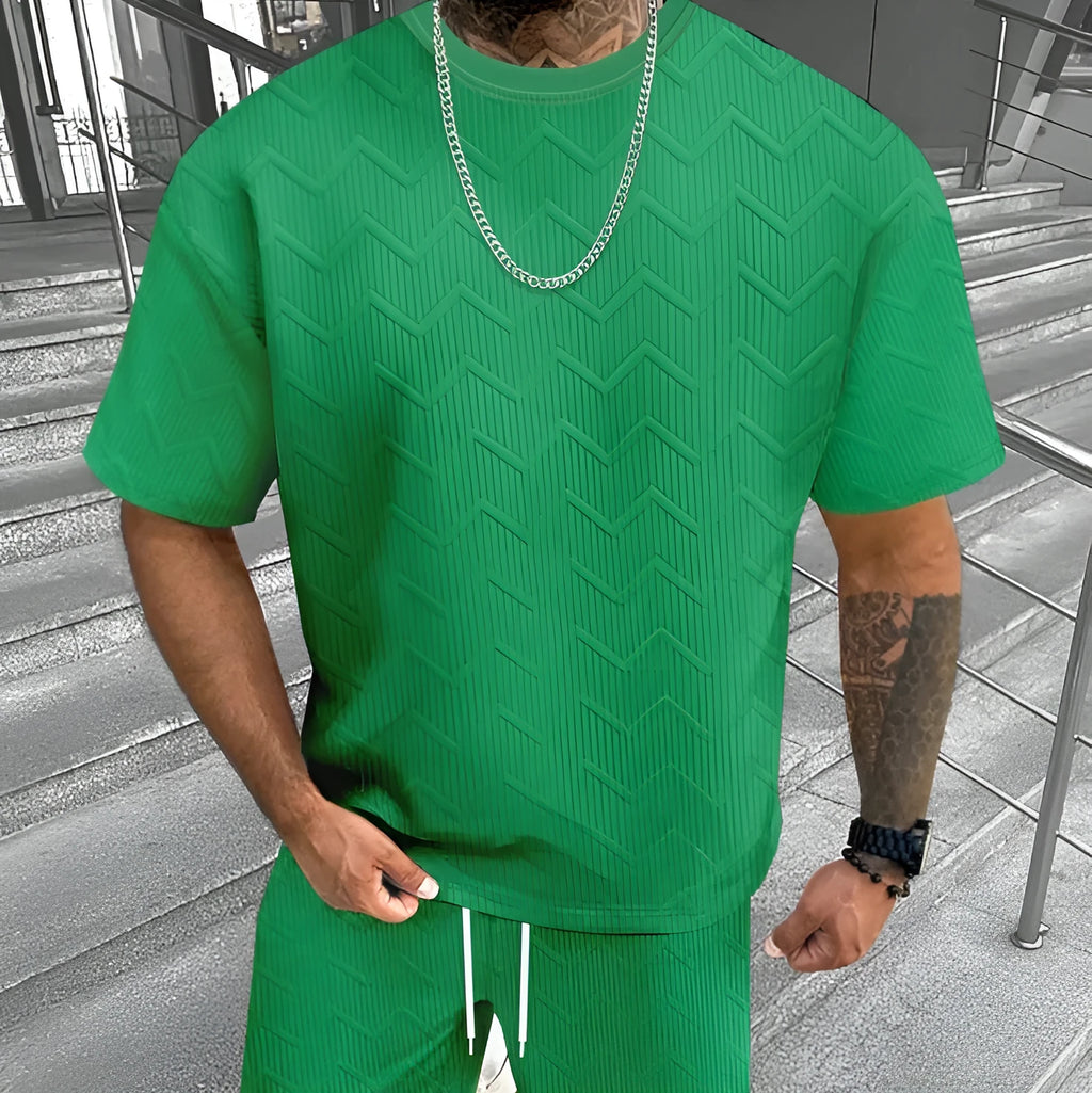 Men's grey short sleeve top and matching shorts suit set for casual leisure wear.