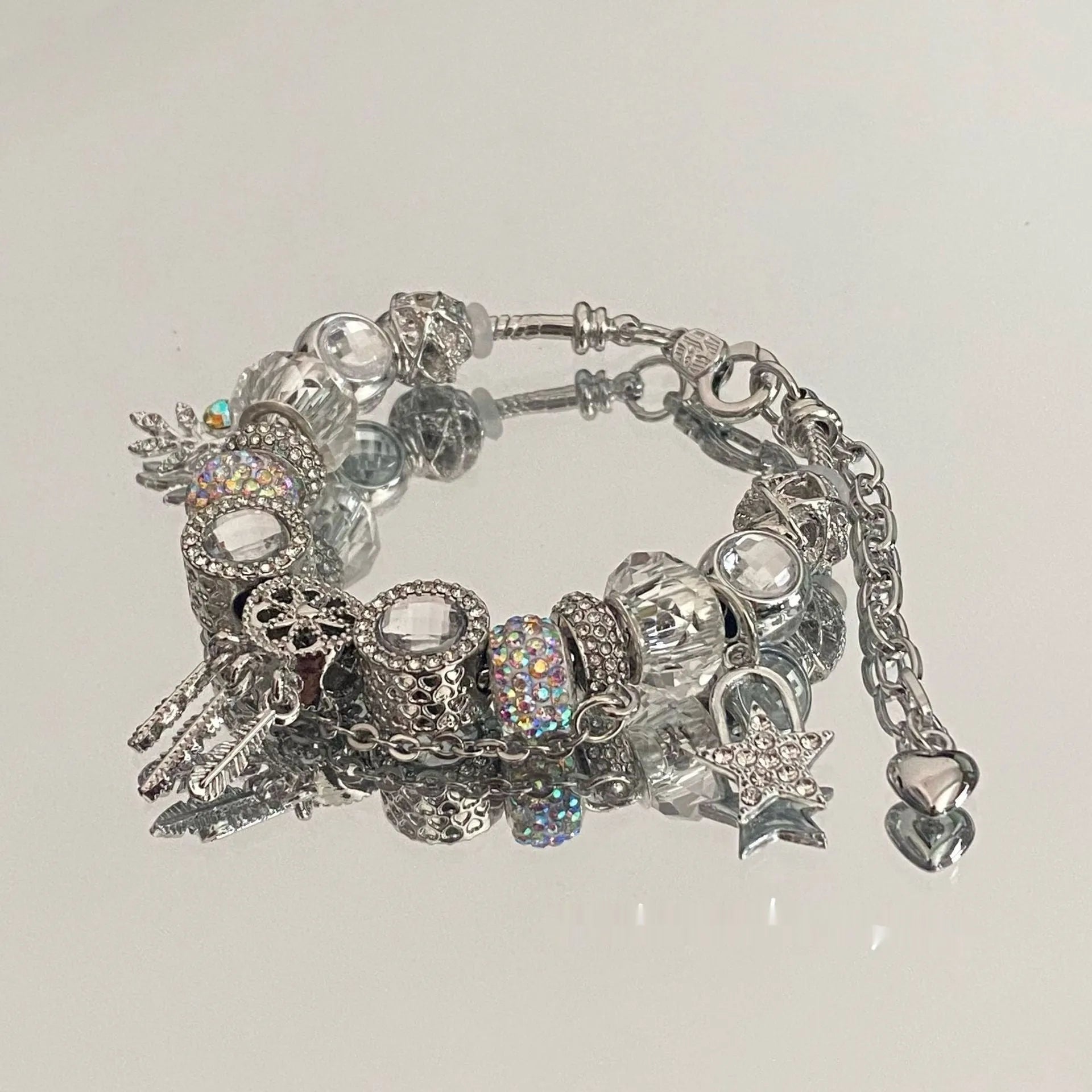 Women's dreamcatcher bracelet with colourful crystals, star shape, electroplated mixed material finish