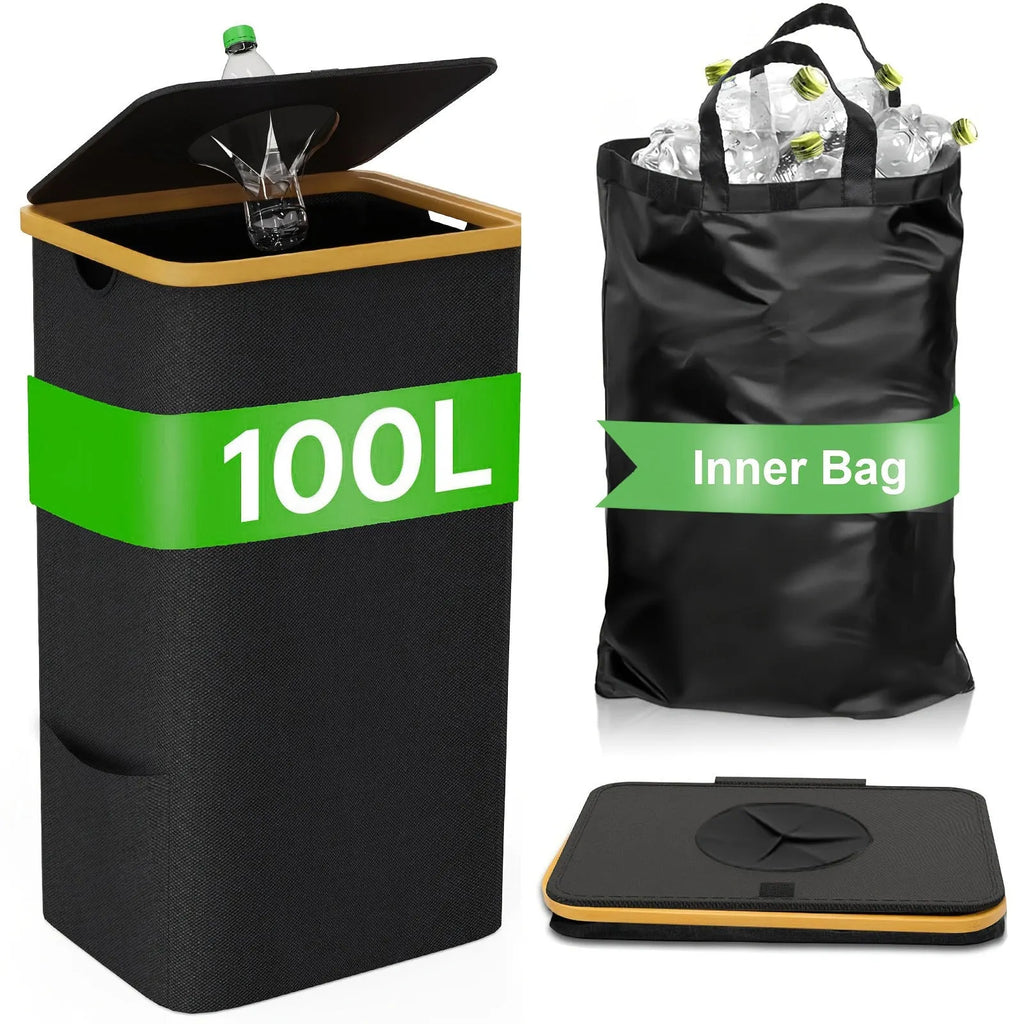 Black bamboo pattern fabric storage basket with removable lid, ventilation holes, and dual inner pockets