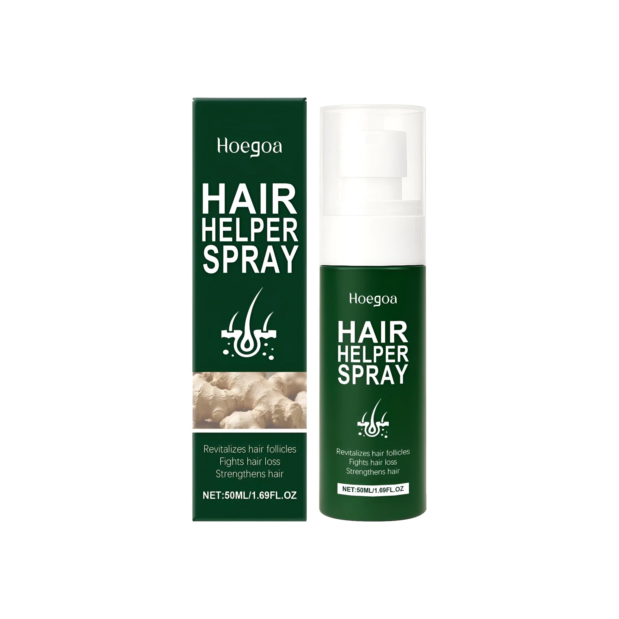 50ml bottle of Hair Helper Spray, a botanical hair treatment with ginger and fo-ti extracts.
