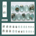 Cat eye summer ocean false nails in short oval shape with glue, detachable patch set for ladies
