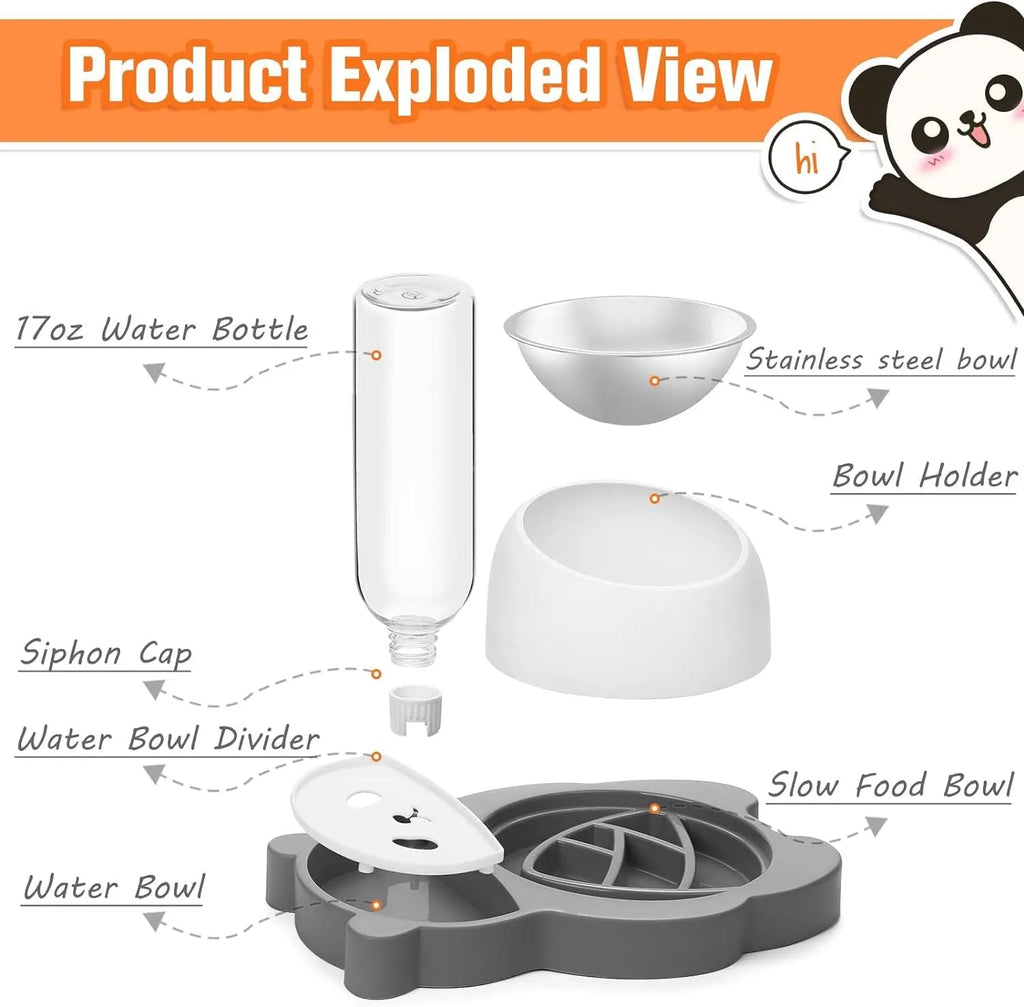 Grey panda-shaped automatic water dispenser and tilted stainless steel feeding bowl set for cats and small dogs