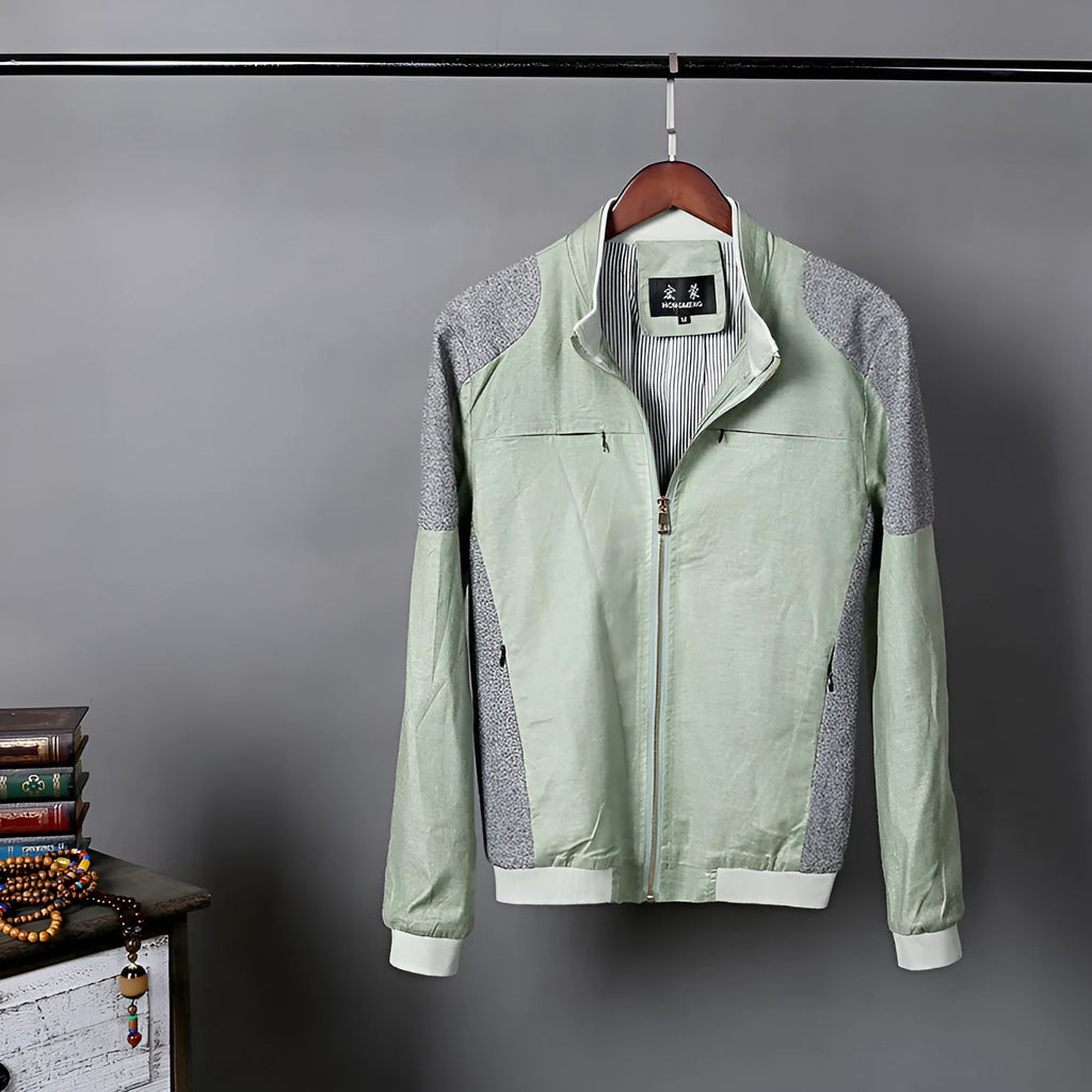 Men's lightweight cotton linen jacket in heather grey, shown in a regular fit.