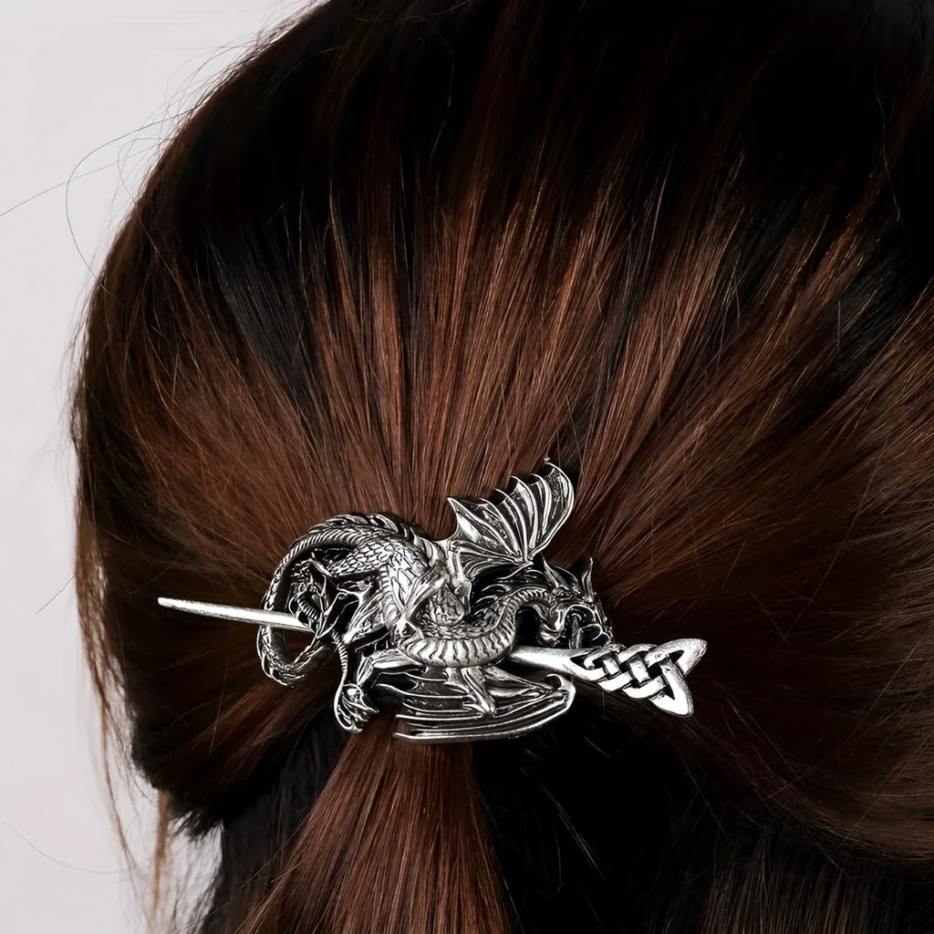 Retro Viking dragon U-shaped alloy hairpin in silver finish on a neutral background