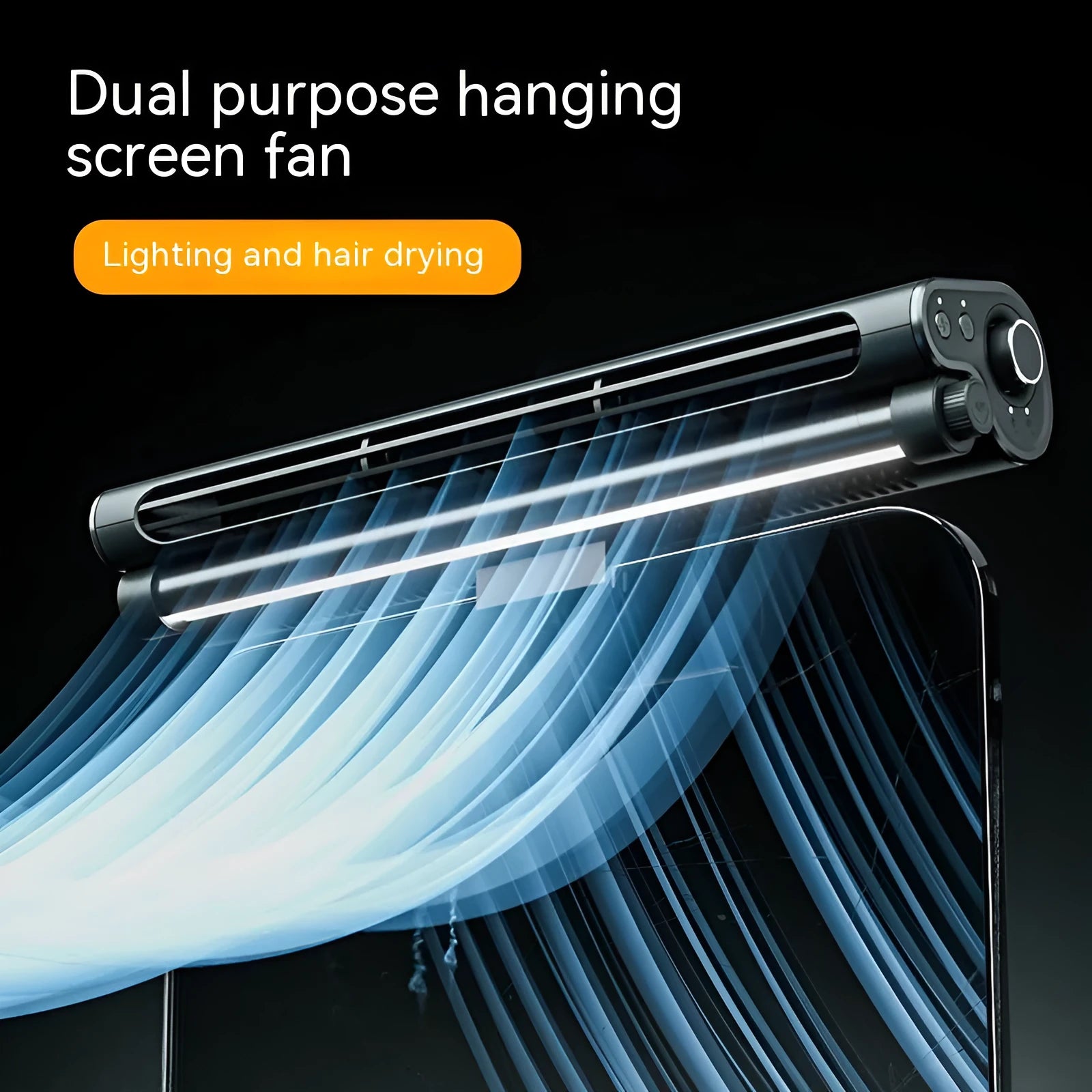 Black USB-powered clip-on bladeless fan with LED light attached to a laptop screen.