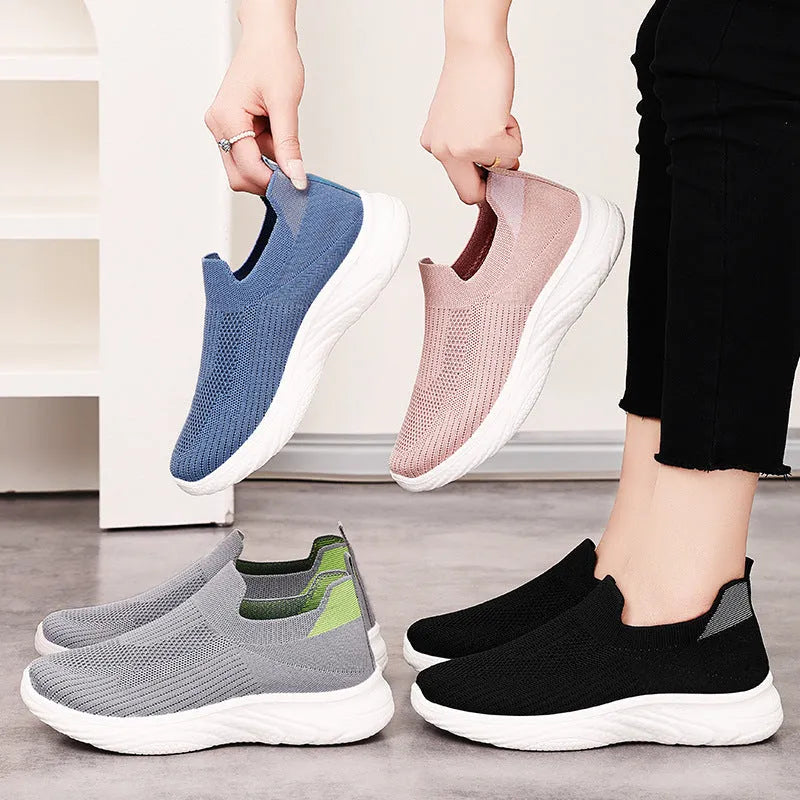 Women's casual running shoes in flyknit with a soft PVC sole, shown in a choice of colours.
