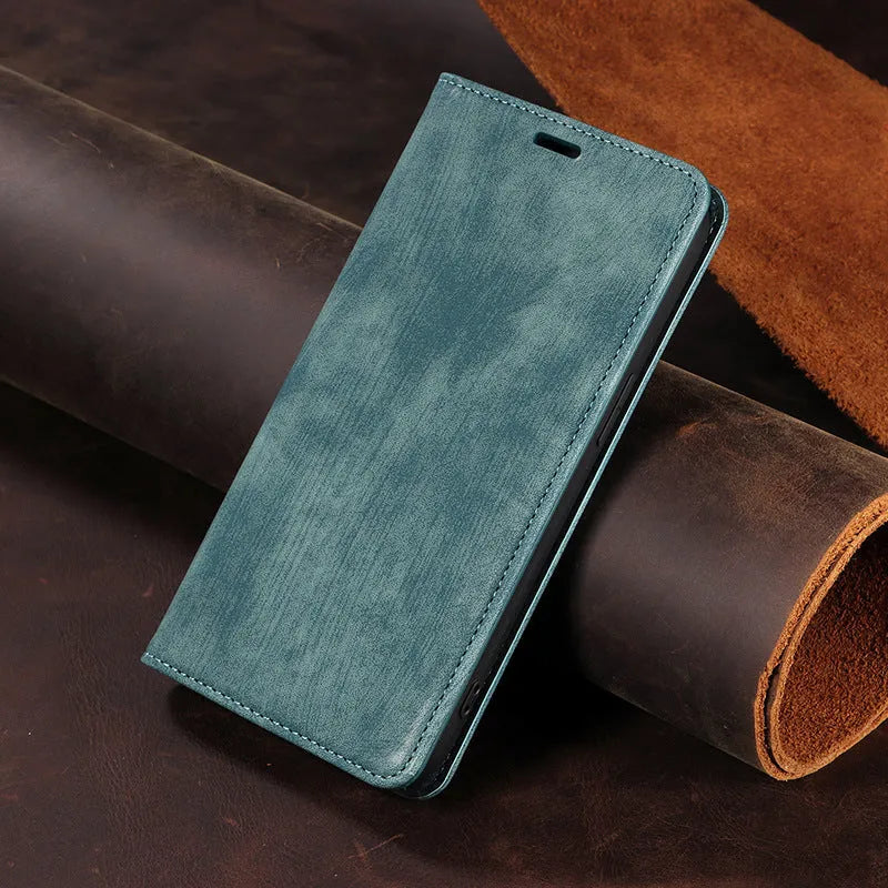 Magnetic flip phone case in grey showing closed magnetic flap and inner card slot for iPhone.