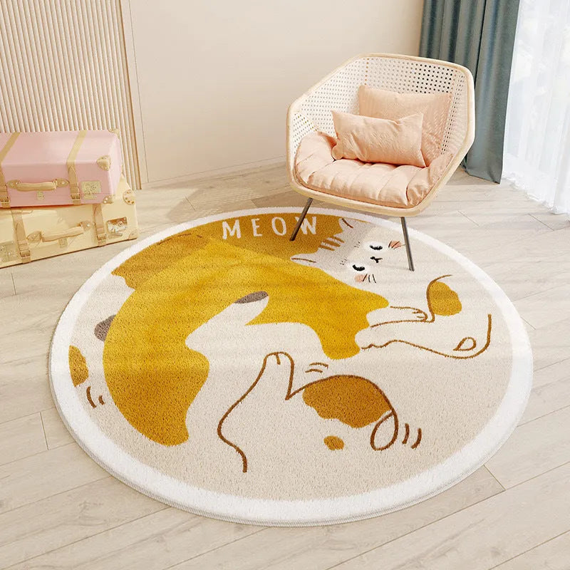 Round floor mat with printed cartoon design in polyester fibre, non-slip backing, available in sizes from 60cm to 200cm